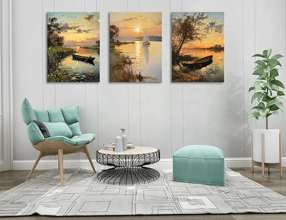 Vintage Farmhouse Sunset Canvas Wall Art for Living Room Nature Landscape Wall Paintings Boat Picture Artwork Aesthetic Wall Decor Ready to Hang for Modern Bathroom Bedroom Office 16"x24"x3pcs