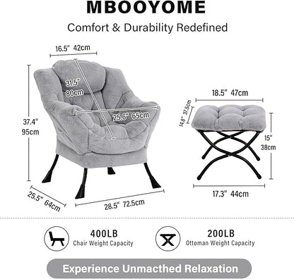 MBOOYOME Lazy Chair with Folding Ottoman, Modern Accent Armchair with Armrests and a Side Pocket & Foldable Footstool, Reading Chair for Living Room, Bedroom, Dorm & Office, Plush Grey