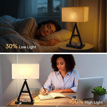 Button Control Table Lamp, Black A-Shape: 3-Way Dimmable Desk Lamp with USB C & USB A Ports, Fabric Shade Bedside Lamp with Phone Stand for Office, Bedroom, Living Room, Includes LED Bulb