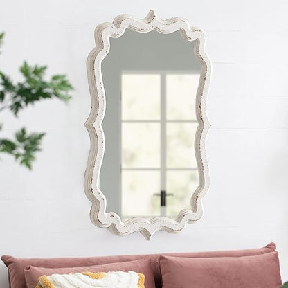 Vintage Scalloped White Mirrors for Wall Decor Living Room 13 X 20 Inches, Distressed Finish Carved Wooden Framed Hanging Makeup Mirror, Bathroom Vanity Mirrors, Horizontal or Vertical