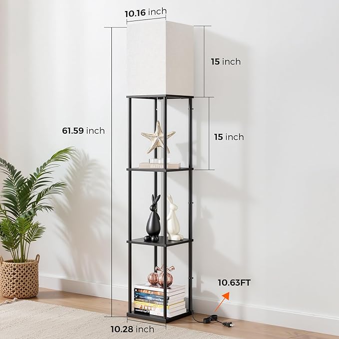 FOLKSMATE 2-Pack Floor Lamp with Shelves, 3-Tier Modern Square Bookshelf Floor Lamp, 3 Color Temperature Bulb Included, Black Floor Lamps for Living Room Bedroom Corner