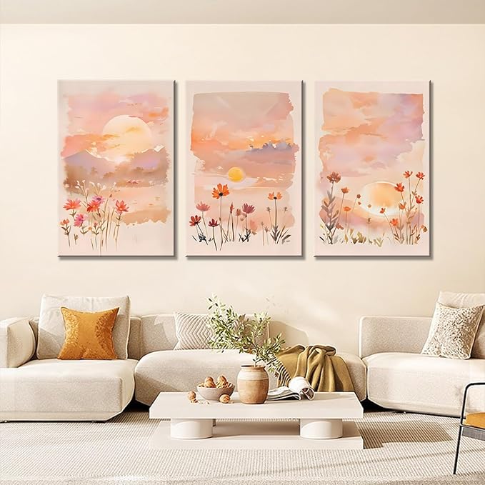 Eysintum 3 Panel Sunset Wall Art Wildflower Canvas Print Pink Floral Nature Landscape Painting Watercolor Boho Wall Decor for Bedroom Living Room 16x24in Ready to Hang