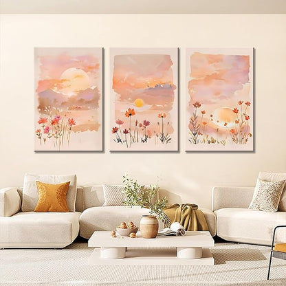 Eysintum 3 Panel Sunset Wall Art Wildflower Canvas Print Pink Floral Nature Landscape Painting Watercolor Boho Wall Decor for Bedroom Living Room 16x24in Ready to Hang