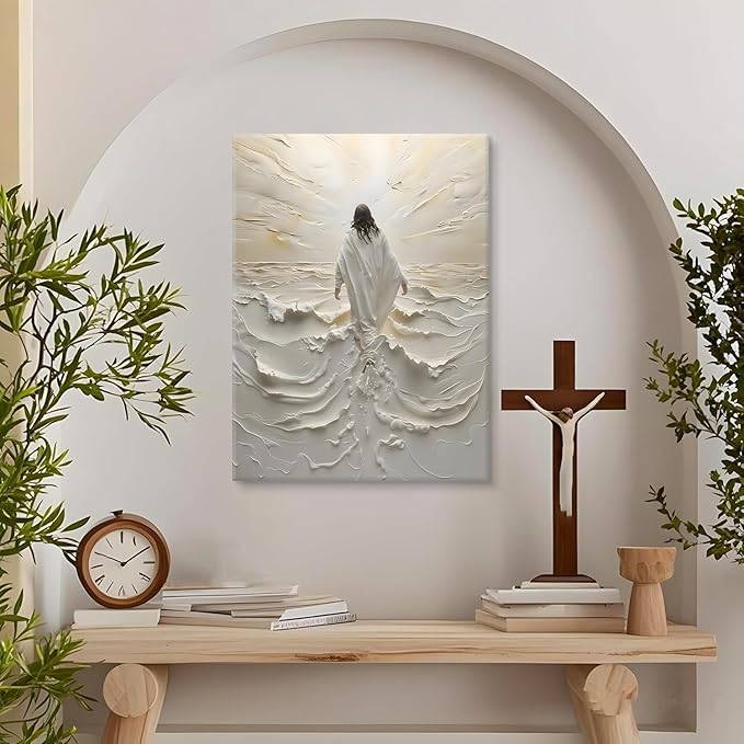 Abstract Jesus Walking on Water Canvas Wall Art Christian Spiritual Wall Decor Pictures Divine Light Modern Religious Posters Prints for Living Room Bedroom Prayer Room Home Decor 8x10 In canvas