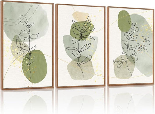 KAlRNE Boho Botanical Framed Canvas Wall Art Set of 3(24”X36”),Abstract Sage Green Wall Decor,Minimalist Watercolor Picture,Modern Geometric Black Line Art Prints For Living Room Bedroom Office