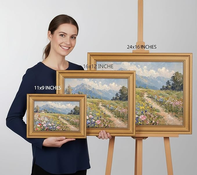 Vintage Gold Framed Colorful Wildflowers Canvas Wall Art, Mountain Landscape Poster Print Artwork, Nature Scenery Painting Picture Wall Decor, for Living Room, Bedroom, Home Decoration, 12x16in