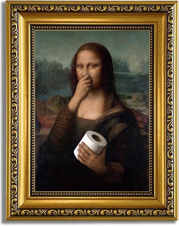 YD&YZY Gold Framed Bathroom Wall Art Mona Lisa Humor Amusing Toilet Art Pinching Nose Wall Decor Funny Vintage Painting Picture Print Whimsical Bathroom Restroom 8x10 inch Small Framed