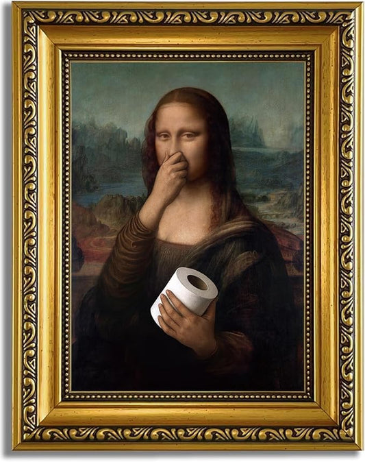 YD&YZY Gold Framed Bathroom Wall Art Mona Lisa Humor Amusing Toilet Art Pinching Nose Wall Decor Funny Vintage Painting Picture Print Whimsical Bathroom Restroom 8x10 inch Small Framed