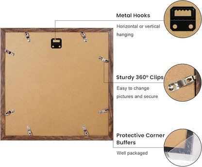 YESKAY 12x12 Picture Frame Set of 9, Photo Gallery Wall Frame Set, Display Pictures 8x8 with Mat or 12 x 12 Without Mat, Square Frame Picture Frames Collage Wall Decor, Rustic Brown