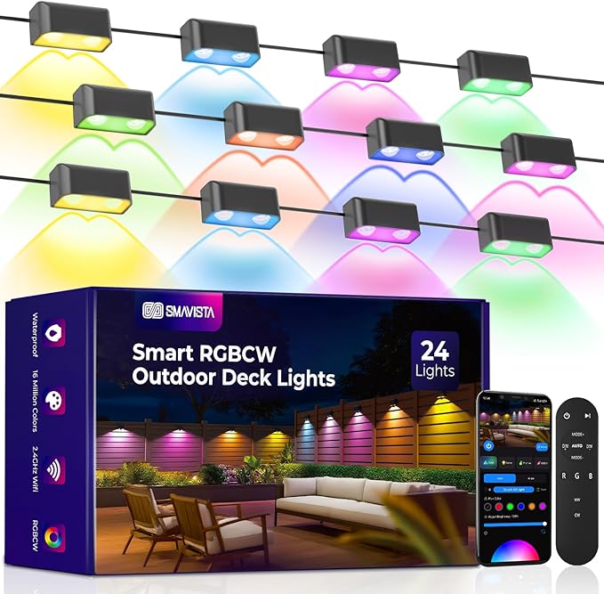 Outdoor Deck Lights 24 Packs, Smart RGBCW Fence Light, 100+ Scene Modes, Dual Lens LED String Lights with APP/Voice/Remote Control, IP65 Waterproof for Halloween Christmas Decor, 157ft Black