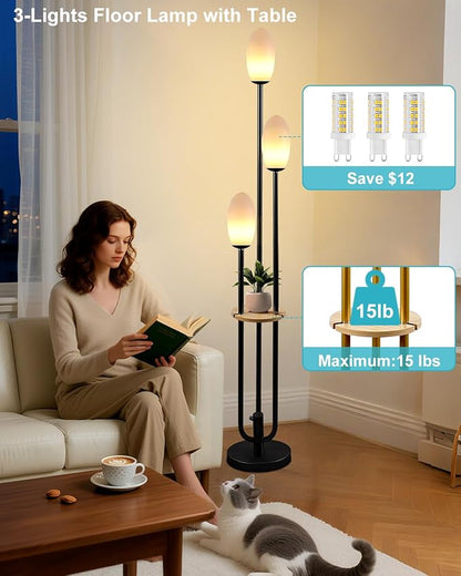 Black Dimmable Floor Lamp with Table, Unique Tall Standing Lamps with 3000K G9 Bulbs for Reading, Mid Century Modern Floor Lamp with 5Lbs Heavy Base for Living Room Bedroom Office