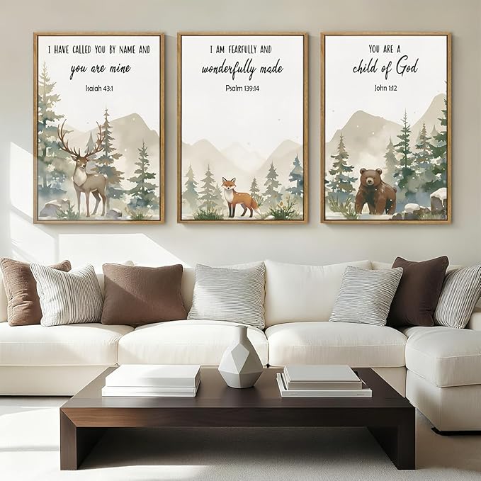 HPNIUB Woodland Animal Christian Framed Wall Art Set,Bible Verse Quote Wall Decor,Nature Forest Religious Art Print,Misty Forest Deer Bear Fox Artwork for Nursery,Kids Bedroom,Study Room-24"x36"x3