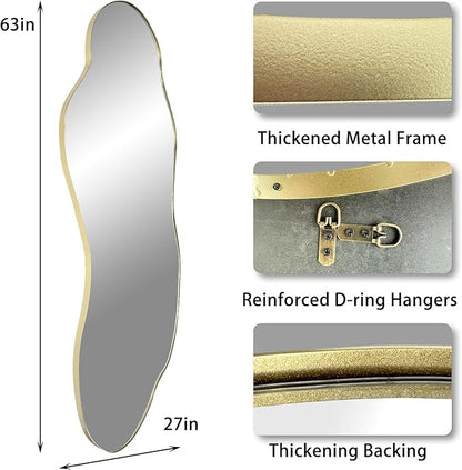 Large Irregular Wall Mirror, 63"x27.2" Asymmetrical Mirror with Gold Metal Frame, Organic Shape Mirror for Living Room Bedroom Hallway Entryway, Horizontal or Vertical Hanging