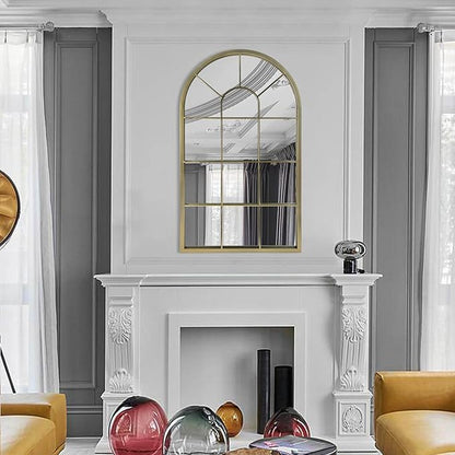 HQiJun Wall Mirror Window Decorative Mirrors Arched Farmhouse for Living Room Bedroom Entryway Bathroom Vanity (Gold, 41.3" x 24" x 1")