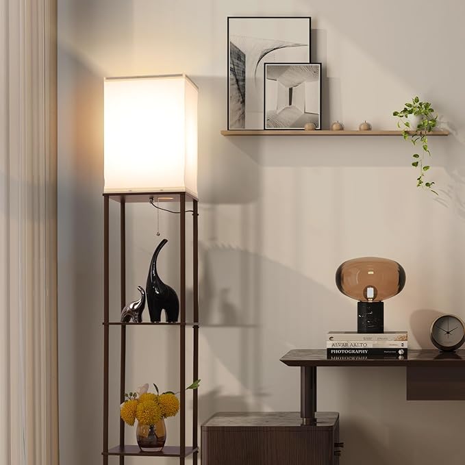 Gupuzm Floor Lamp with Shelves, with Modern Square Standing Lamp with Smart APP Control RGB Bulb, Corner Display Bookshelf Lamp for Living Room, Bedroom and Office(brown-9RGB)