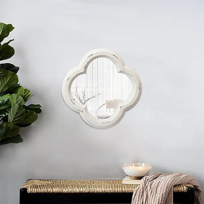 Vintage Small Scalloped Wall Mirror Decorative 8.9 inch, Hanging Distressed White Rustic Quatrefoil Wooden Mirrors for Wall Decor Living Room, Farmhouse Clover Shape Floral Mirror