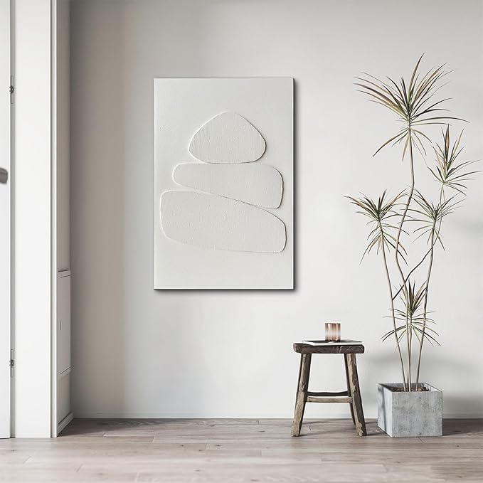 Creespi White Textured Wall Art - Hand Painted Minimalist 3D Art Painting 24x36 inches,Modern Abstract Oil Painting On Canvas for Home Wall Decor