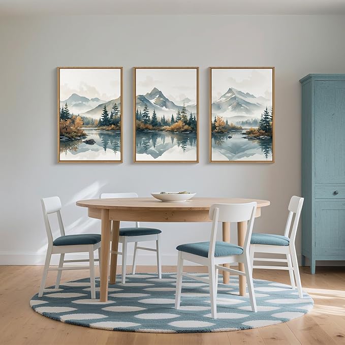 HLNIUC Large White Mountain Wall Art Framed, Snowy Green Forest Decor Set of 3 (16"x24"), Watercolor Winter Misty Nature Prints, Foggy Lake Landscape Canvas Painting for Living Room, Bedroom, Office