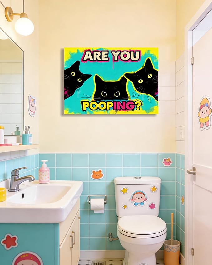 Funny Black Cat Bathroom Canvas Wall Art - Are You Pooping? Colorful Humor Poster for Washroom, 16x24 Inch Framed Graffiti Print for Toilet Restroom, Pop Art Wall Decor, Gifts for Cat Lovers