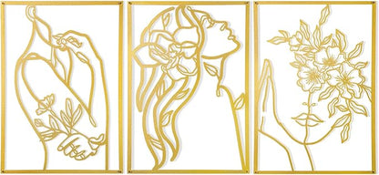 AGIOTA 3 Pcs Gold Wall Decor Above Bed Minimalist for Living Room Metal Line Art - Female Body, Gold Room Decor for Bedroom Modern Wall Art for Indoor 15inch
