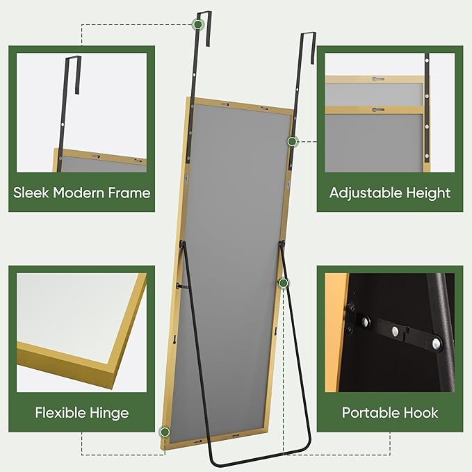 Suidia Full Length Mirror Over the Door&Wall Mounted, 48"x14" Door Mirror with Aluminum Alloy Frame, HD Shatterproof, No-Drill, Hanging Mirrors for Bedroom, Bathroom, Dorm, Closet, Rect, Gold