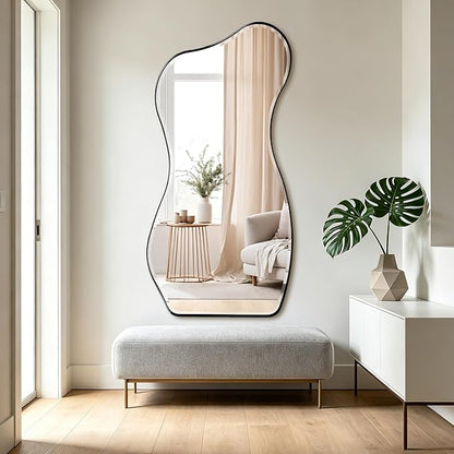 POZINO Irregular Beveled Mirror, 63"x32" Large Asymmetrical Wall Mirror with Metal Frame, Premium Organic Aesthetic Floor Mirrors for Living Room Cloakroom Hallway Entryway, Leaning/Wall-Mount
