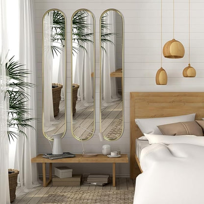 OUSHUAI Gold Tall Mirror,Narrow Capsule Long Mirrors with Metal Frame for Entryway,Hallway,Living Room 44"X8" (3pcs)
