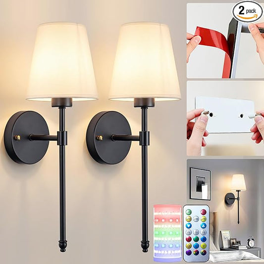 Battery Operated Wall Sconces Set Of 2, Wireless Battery Wall Light With 10000mAh RGB Rechargeable Magnetic Bulb, Rechargeable Wall Sconce With Remote Control For Bedroom, No Electrician Required