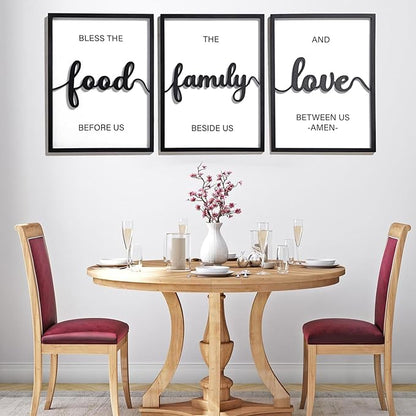 3D Wood Bless The Food Before Us Wall Decor, 36" x 16" Framed Kitchen Wall Art for Dining Room Wall Decor(Ready to Hang, 12x16 inches, Set of 3, Framed)