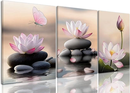 AOYUSMO 3 Piece Lotus Flower Wall Art Zen Bathroom Wall Decor Spiritual Canvas Art Yoga Room Pink Lotus Pictures Meditation Paintings Spa Artwork For Living Room Bedroom
