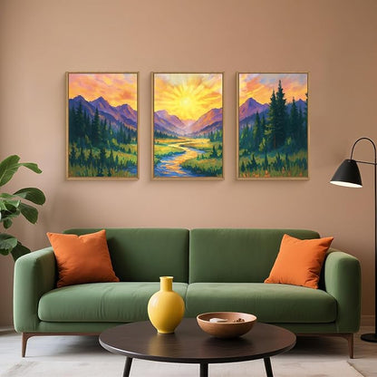 HPNIUB Boho Sunrise Mountain Framed Wall Art Set,Colorful Nature Wilderness Wall Decor,Abstract Landscape Art Print,Sunset Pine Tree Artwork for Living Room, Bedroom,Dining Room,Office-24 x36 x3