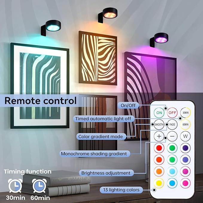 KELUOLY 4-Pack Wireless Battery Operated Painting Light with Remote Control,13 Color RGB Magnetic Led Art Picture Lights for Wall, Dimmable and Timer Poster Light, Wall Decor Black Display Light