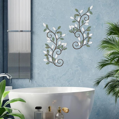 ESTART 2 Pieces Metal Tree Leaf Wall Decor Vine Olive Branch Leaf Wall Art Ornament Wall Hanging Sign for above Door, Living Room, Bathroom, Office, Indoor and Outdoor Decoration (White Green Colors)