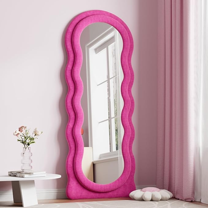 Dewfig Full Length Mirror, 63" x 24" Irregular Wavy Mirror, Large Floor Length Mirrors Wall Mounted, Standing Wavy Mirrors with Flannel Wrapped Wooden Frame for Bedroom/Living Room, Hot Pink