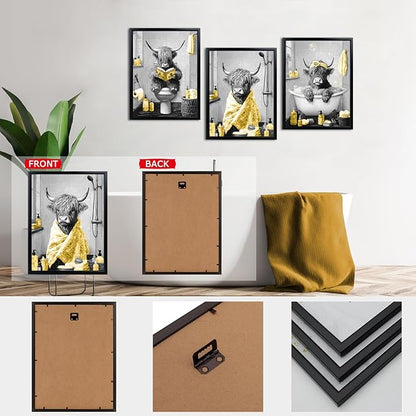 sechars Highland Cow Bathroom Wall Art 3 Piece Funny Bathroom Pictures Canvas Print Grey and Yellow Decor (Yellow)