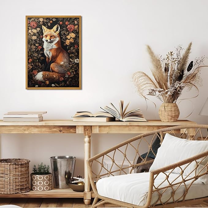 Framed Vintage Wall Art, Vintage Dark Academia Fox Paintings Wall Decor, Woodland Animal Canvas Wall Art Prints Wildlife Botanical Floral Pictures Boho Artwork for Bedroom Living Room 16x24in