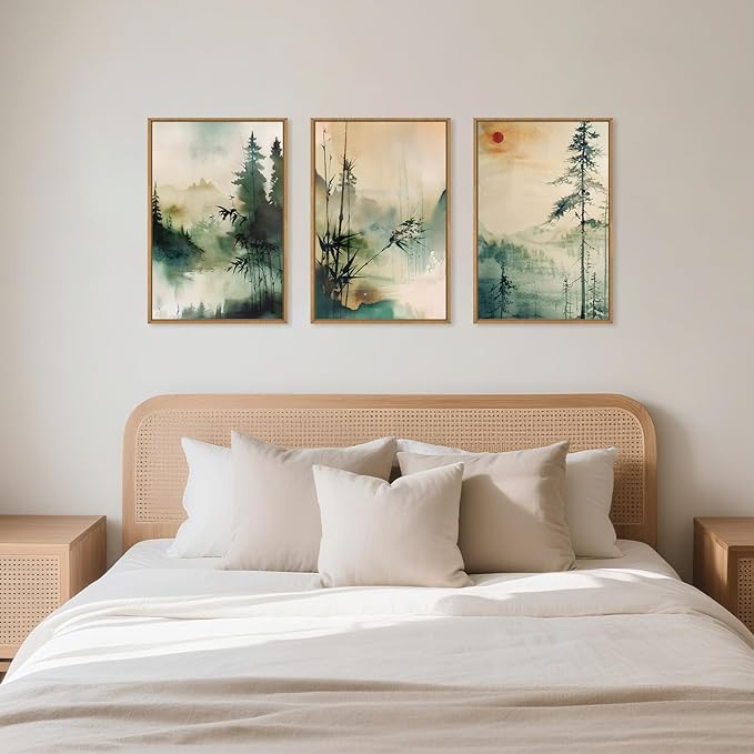 Chinoiserie Nature Framed Canvas Wall Art Set, Mountain and Forest Landscape Painting, Natural Bamboo Pine Tree Lakes Wall Decor for Living Room, Bedroom, Dining Room, Office-16 x24 x3
