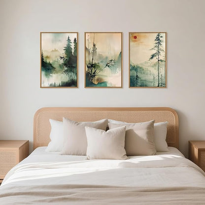 Chinoiserie Nature Framed Canvas Wall Art Set, Mountain and Forest Landscape Painting, Natural Bamboo Pine Tree Lakes Wall Decor for Living Room, Bedroom, Dining Room, Office-16 x24 x3