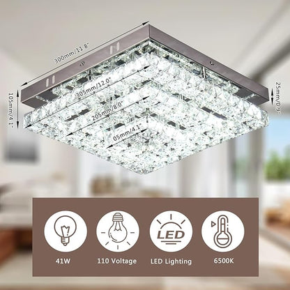 11.8" Crystal Chandelier LED Crystal Flush Mount Ceiling Light Modern Chandeliers Square Ceiling Light for Bedrooms Hallway Kitchen Office (6500K Cool White) Without Remote Control