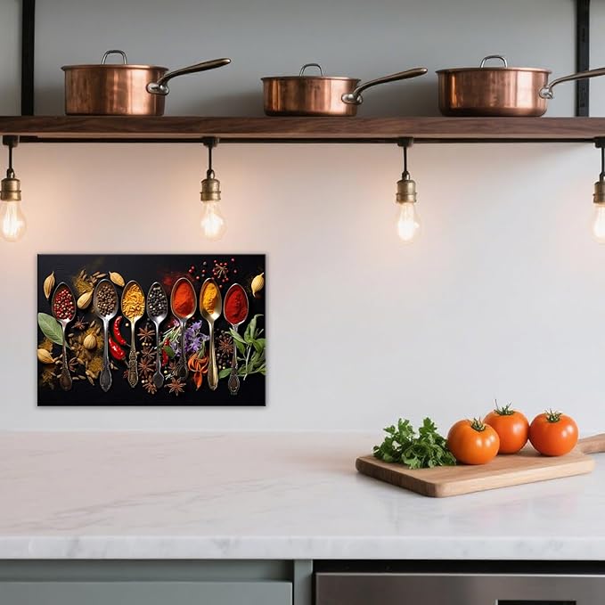 OAAPITI Spice Spoons Kitchen Wall Art Culinary Herbs Canvas Vibrant Food Art for Dining Room Gourmet Kitchen Decor(Artwork-8,12"x18")