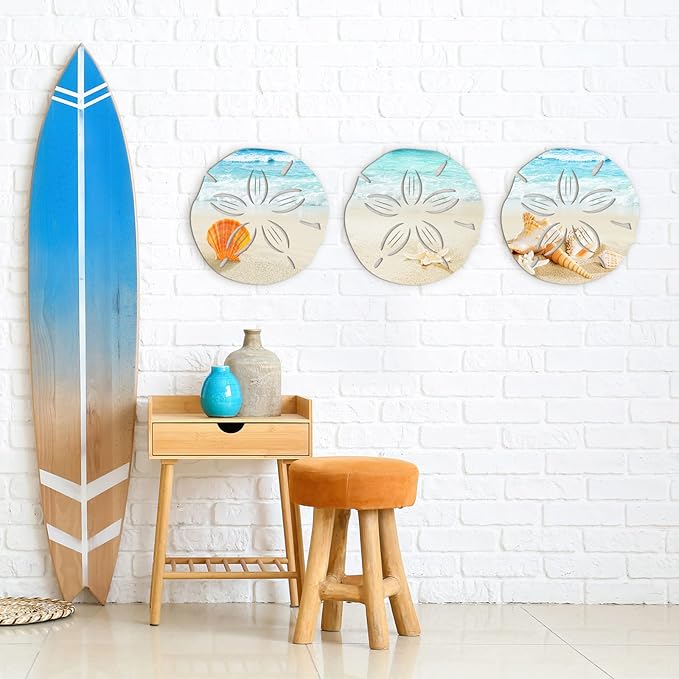 Tatuo 3 Pcs Summer Coastal Wall Decor Bathroom Beach Blue Wall Art Sea Turtle Surfboard Seahorse Starfish Seashell Conches Crabs Sea Life Decor for Bedroom Home (Sand Dollar Style)