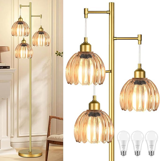 AHDWDW Gold Floor Lamp for Living Room Bedroom,3 Lights Mid Century Modern Floor Lamps with Flower Glass Shades,68IN Tall Standing Lamp with Bulbs,Vintage Tree Floor Lamp for Corner Office Reading