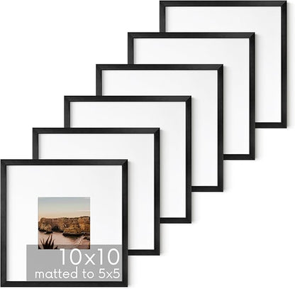 HAUS AND HUES 10x10 Black Metal Picture Frames Matted to 5x5 - Features Premium Aluminum & Hanging Hardware, Shatterproof Plexiglass - Ideal for Home, Room, Office (10x10 in, Black, Set of 6)