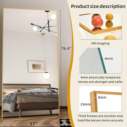 Beauty4U 76" x 37" Full Length Mirror with Stand, Gold Floor & Wall Mounted Mirror, Large HD Tempered Glass Full Body Mirror for Bedroom, Dressing Room, Living Room, Entryway
