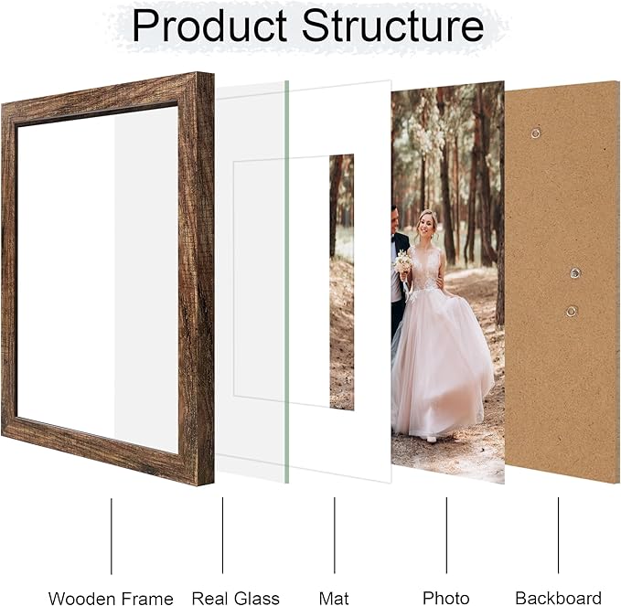 iRahmen 11x14 Picture Frame Set of 2 with High Definition Tempered Glass, Wood Photo Frame Display Pictures 8x10 with Mat or 11 x 14 Without Mat for Wall Mounting Horizontal or Vertical