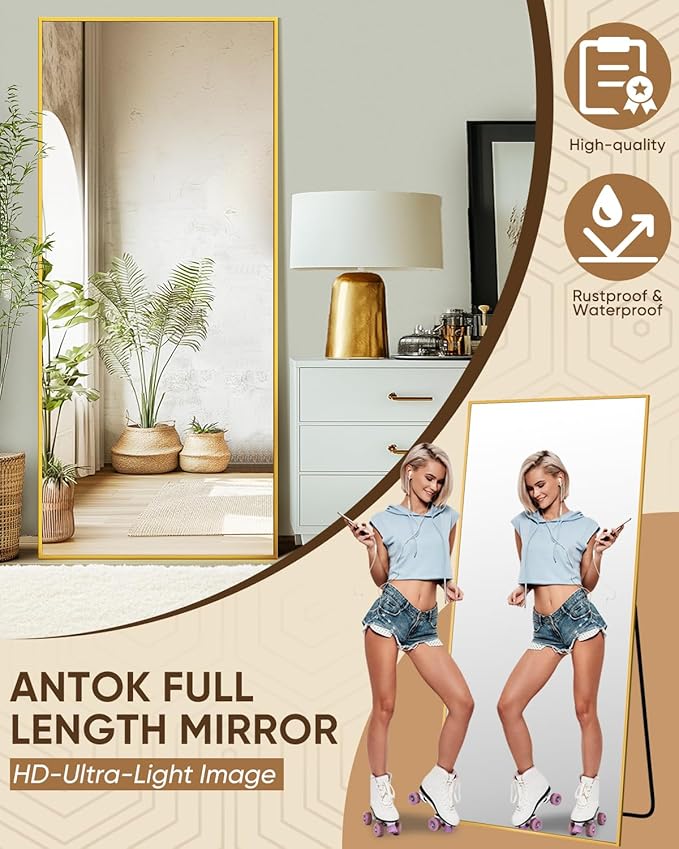 Antok 71''x28'' Full Length Mirror, Shatterproof HD Oversized Floor Mirror with Stand, Aluminum Alloy Frame Leaning Standing or Wall Mounted Mirror for Bedroom Living Room Entryway, Gold