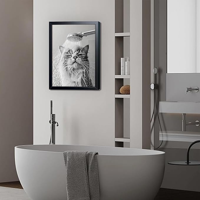 XYHYRA Cute Cat Bathroom Decor Funny Animal Bathroom Wall Art Cat Bathing Wall Decor Poster Painting Black and White Canvas Print Artwork Modern Farmhouse Restroom Home Decoration 16x24 Inch Wood Framed