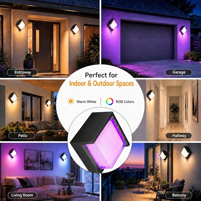 Meevt Smart Outdoor Wall Lights, 1200LM RGBCW Porch Lights, IP65 Waterproof Exterior Wall Sconce, Work with Alexa & Google Assistant, App & Remote Control Wall Lights for Patio, Garage, Square, 1 Pack