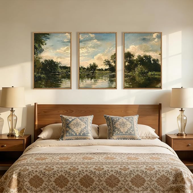 Aryroi Vintage Landscape Framed Canvas Wall Art Set,Rustic Natural Green Trees and Lake Wall Decor,Classic Nature Scenic French Country Forest Artwork for Living Room,Bedroom,Farmhouse-16 x24 x3