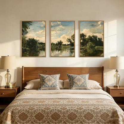 Aryroi Vintage Landscape Framed Canvas Wall Art Set,Rustic Natural Green Trees and Lake Wall Decor,Classic Nature Scenic French Country Forest Artwork for Living Room,Bedroom,Farmhouse-16 x24 x3